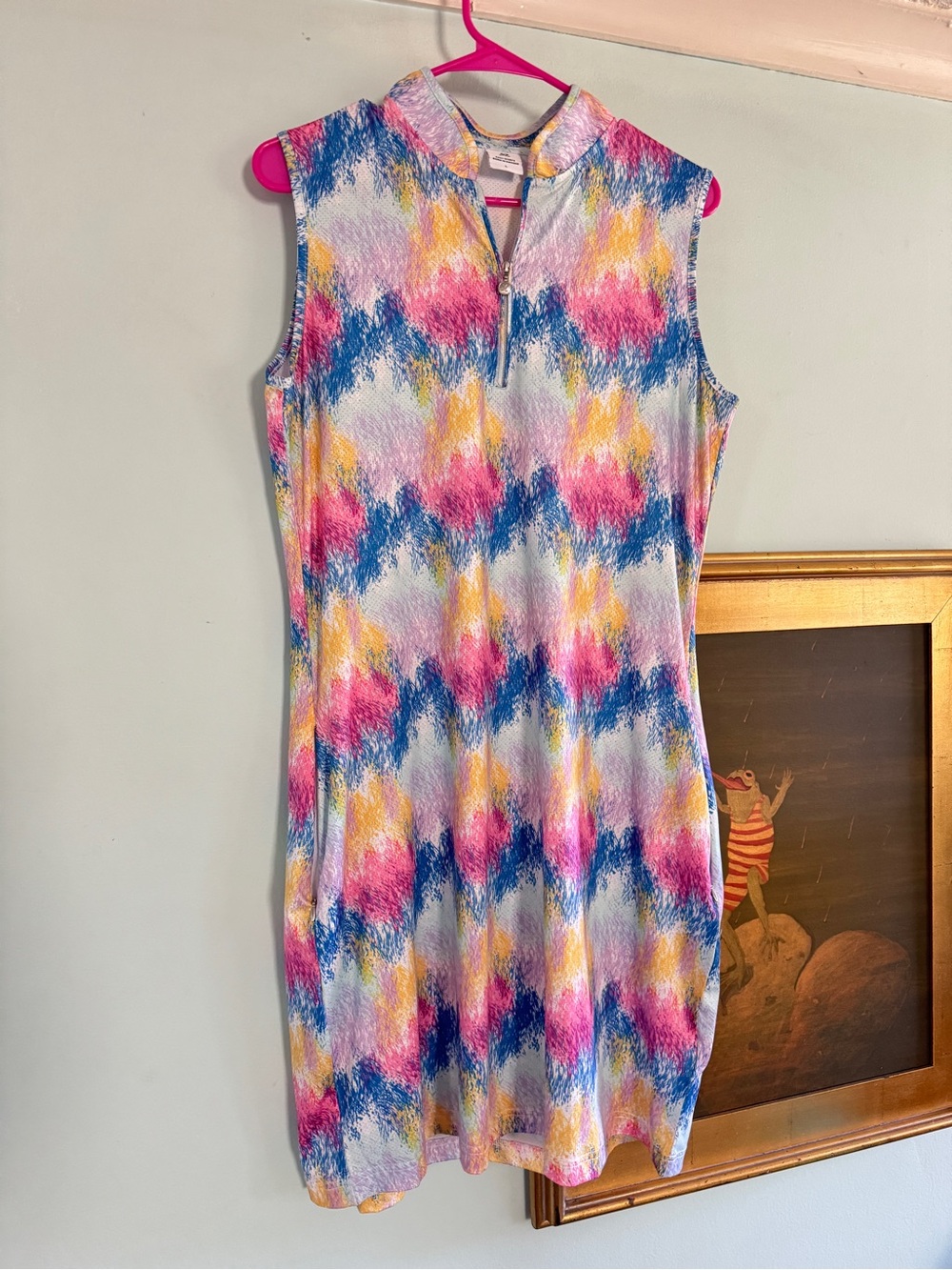 Daily Sports Sleeveless Multicolor Abstract Print Dress - Pink, Blue & Yellow